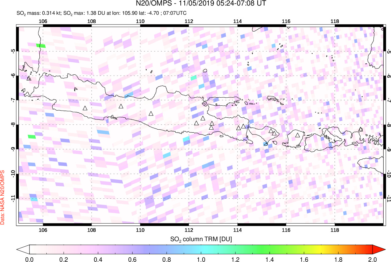 A sulfur dioxide image over Java, Indonesia on Nov 05, 2019.