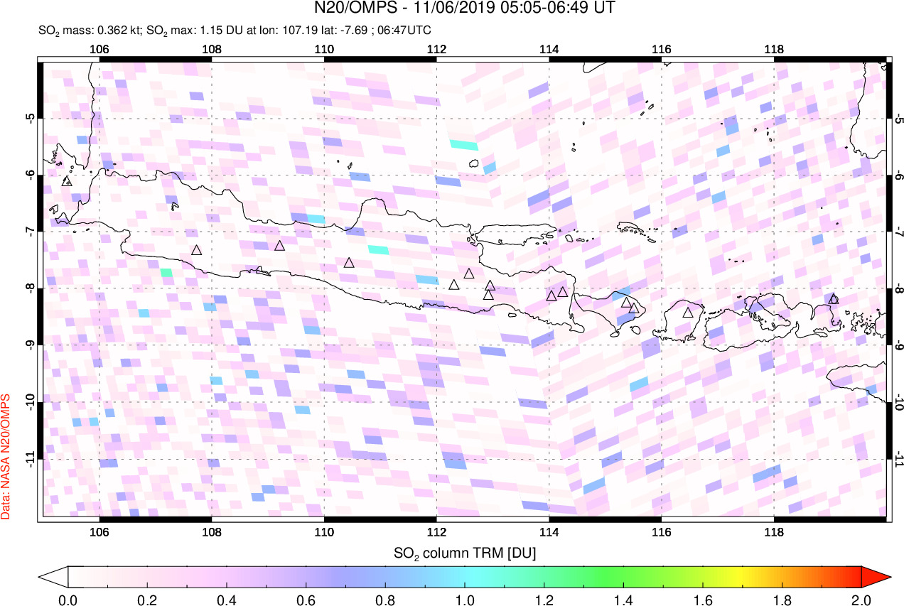 A sulfur dioxide image over Java, Indonesia on Nov 06, 2019.