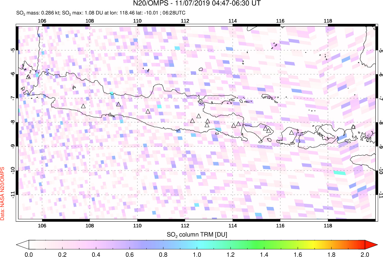 A sulfur dioxide image over Java, Indonesia on Nov 07, 2019.