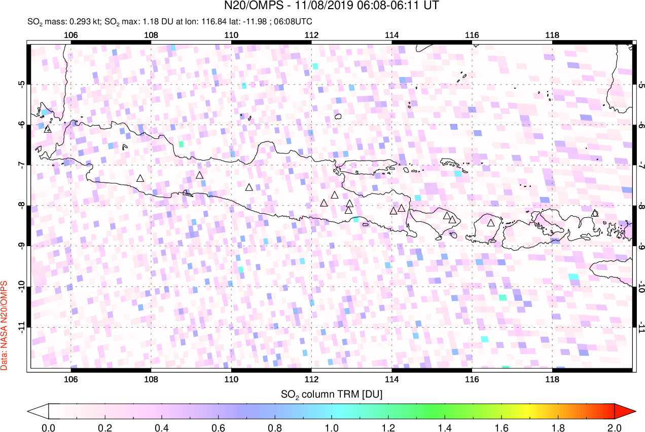 A sulfur dioxide image over Java, Indonesia on Nov 08, 2019.
