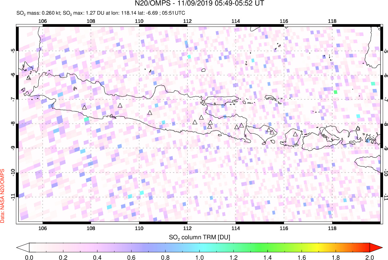 A sulfur dioxide image over Java, Indonesia on Nov 09, 2019.
