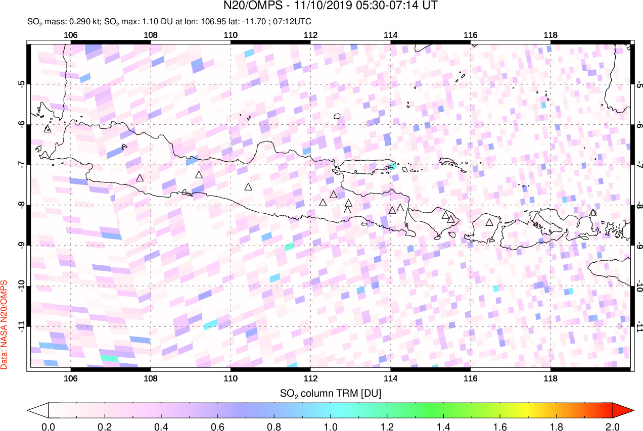 A sulfur dioxide image over Java, Indonesia on Nov 10, 2019.