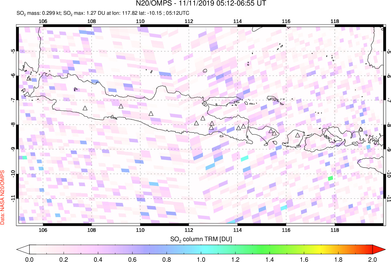 A sulfur dioxide image over Java, Indonesia on Nov 11, 2019.