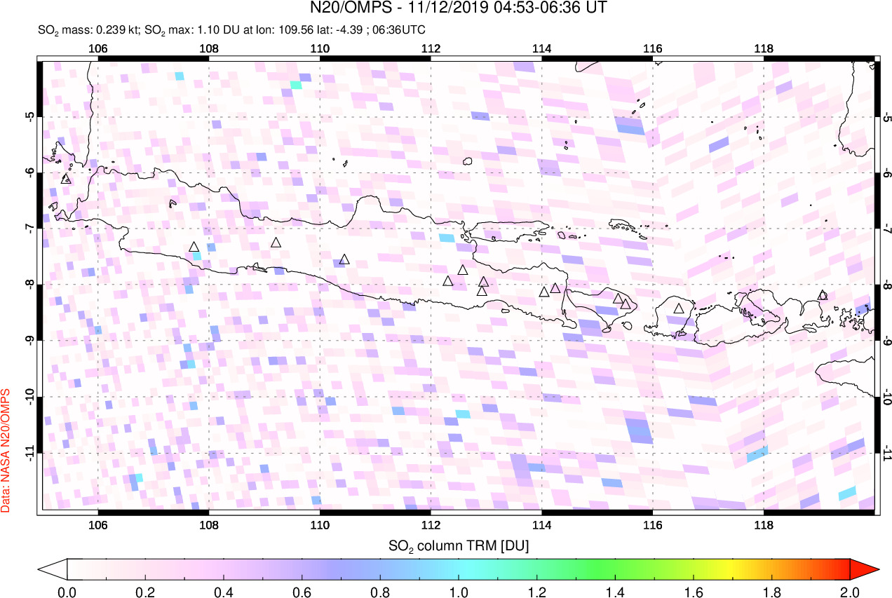 A sulfur dioxide image over Java, Indonesia on Nov 12, 2019.