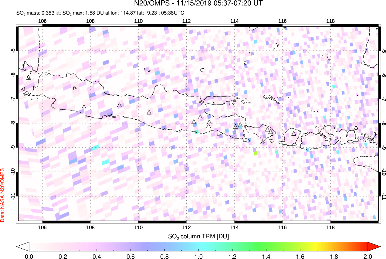 A sulfur dioxide image over Java, Indonesia on Nov 15, 2019.
