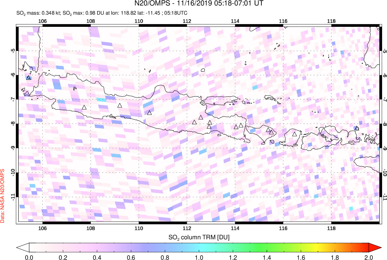 A sulfur dioxide image over Java, Indonesia on Nov 16, 2019.