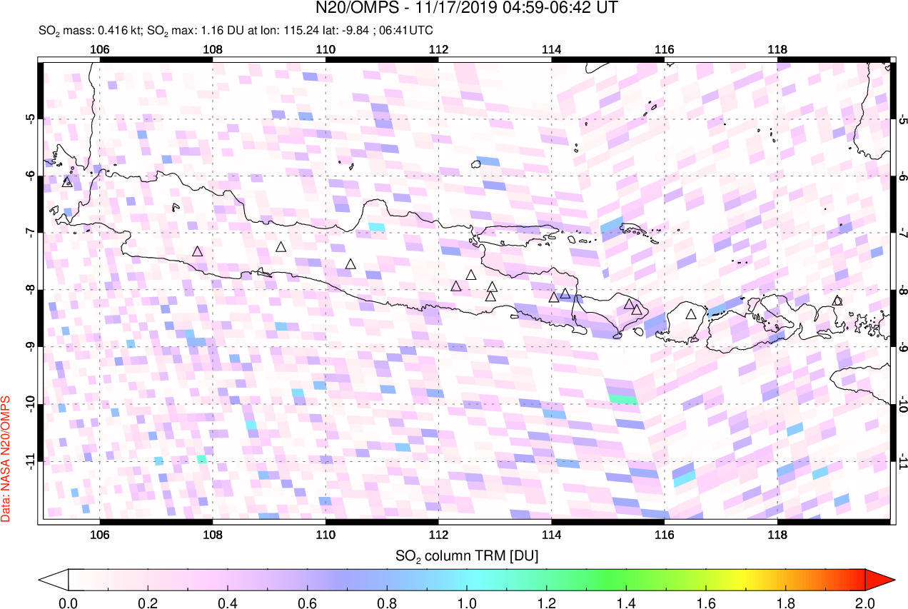 A sulfur dioxide image over Java, Indonesia on Nov 17, 2019.