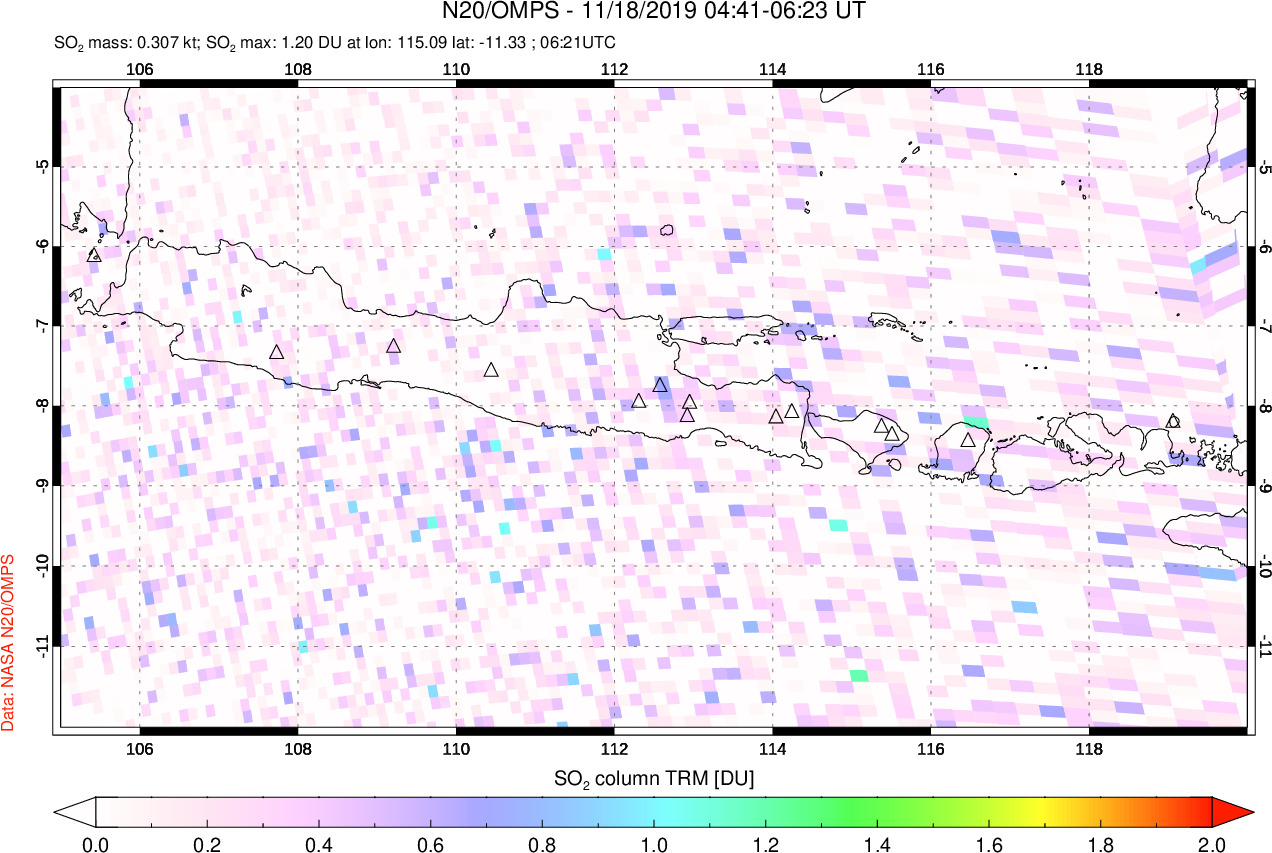 A sulfur dioxide image over Java, Indonesia on Nov 18, 2019.