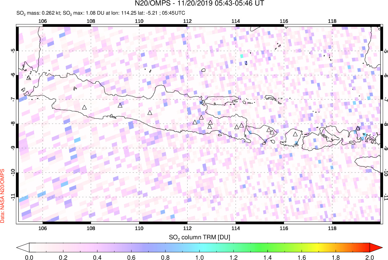A sulfur dioxide image over Java, Indonesia on Nov 20, 2019.