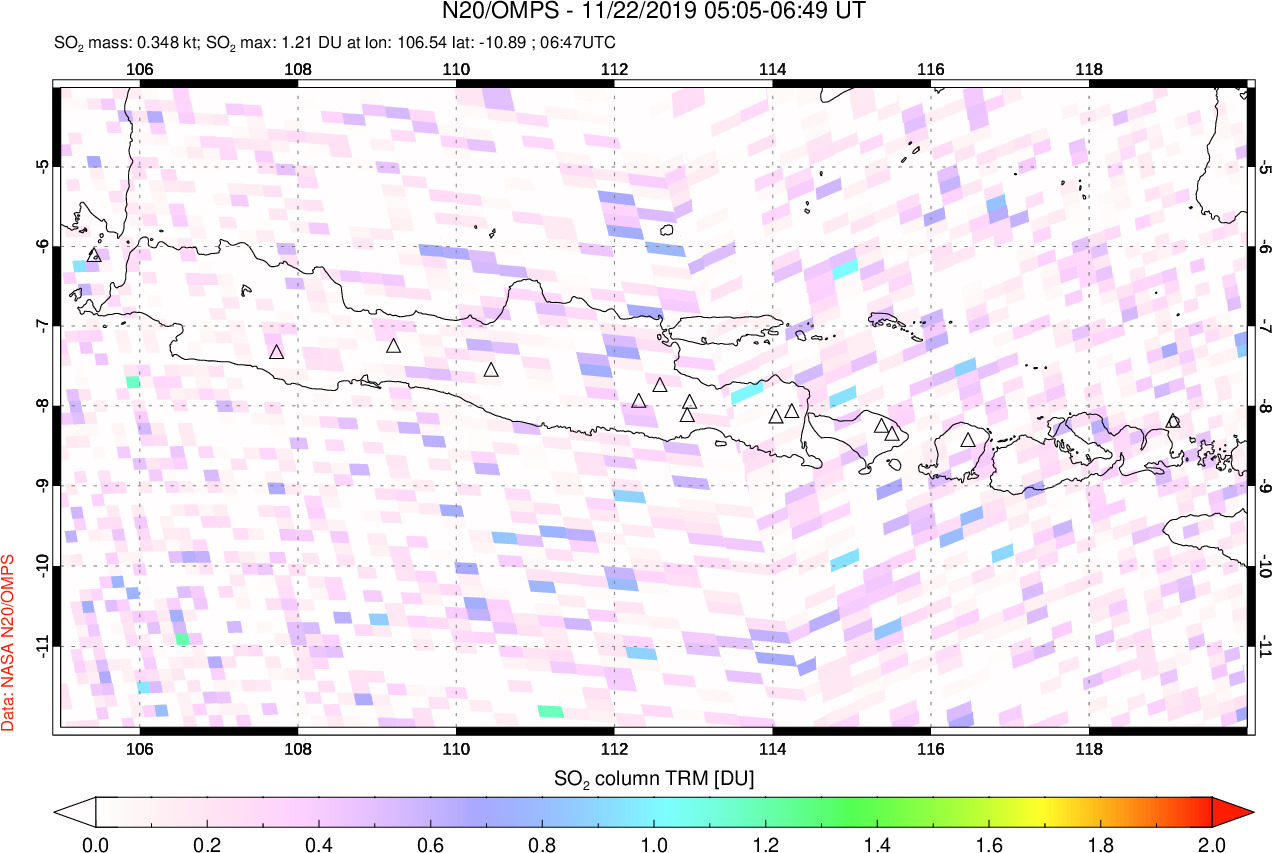 A sulfur dioxide image over Java, Indonesia on Nov 22, 2019.