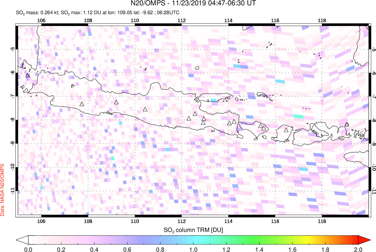 A sulfur dioxide image over Java, Indonesia on Nov 23, 2019.