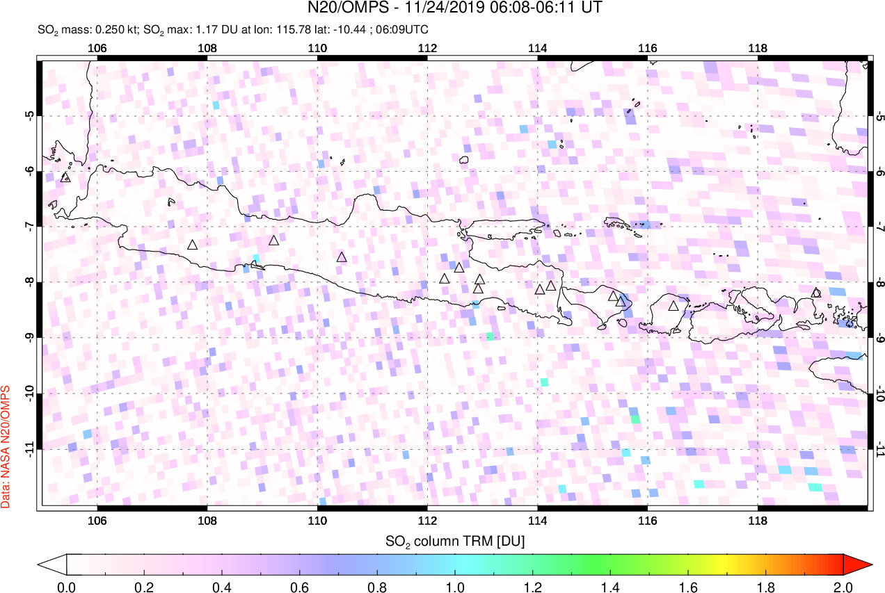 A sulfur dioxide image over Java, Indonesia on Nov 24, 2019.