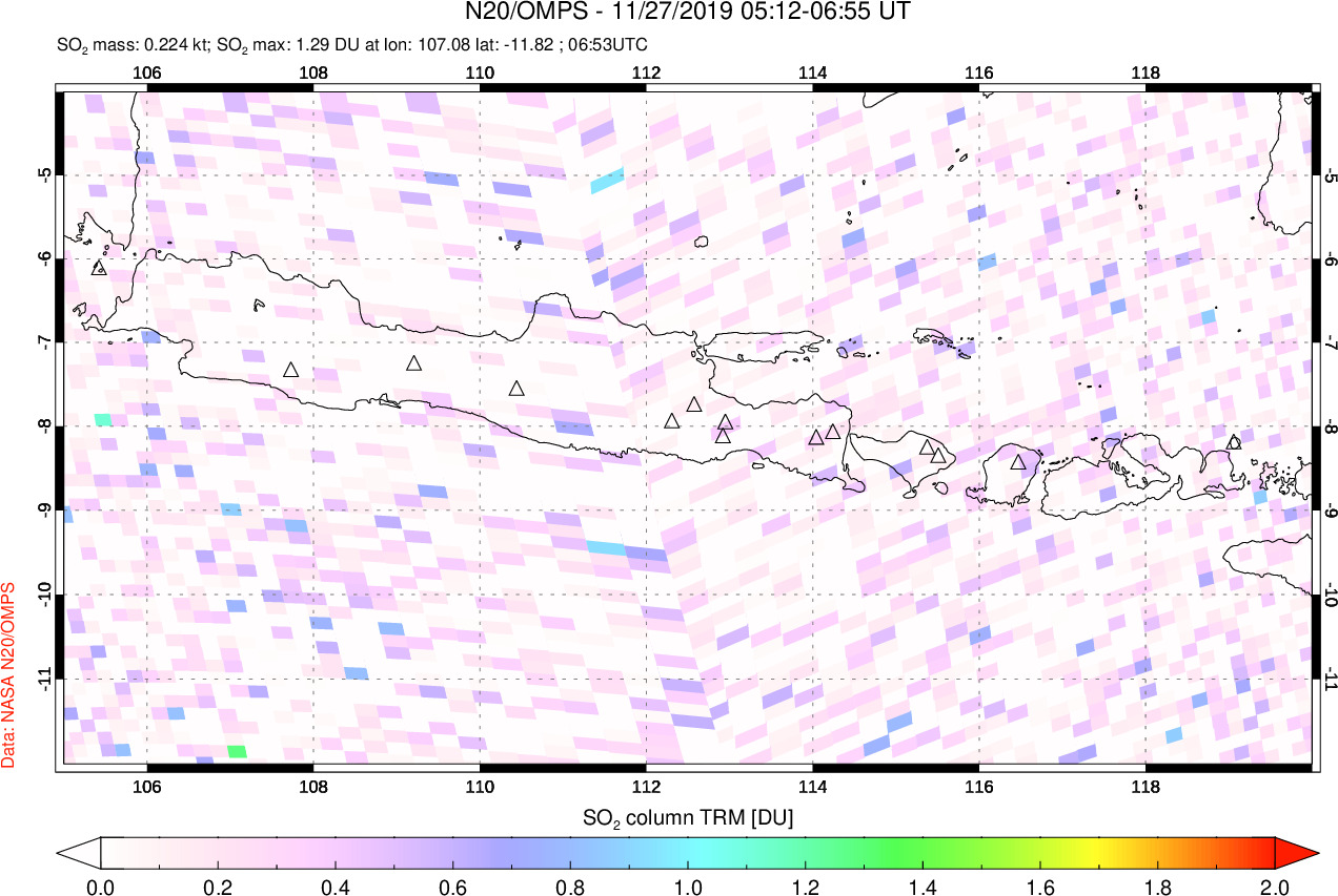 A sulfur dioxide image over Java, Indonesia on Nov 27, 2019.