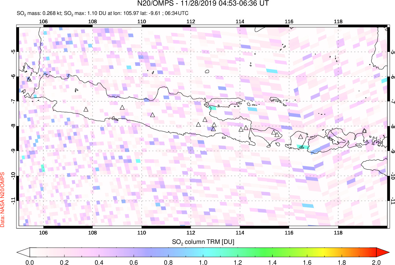 A sulfur dioxide image over Java, Indonesia on Nov 28, 2019.