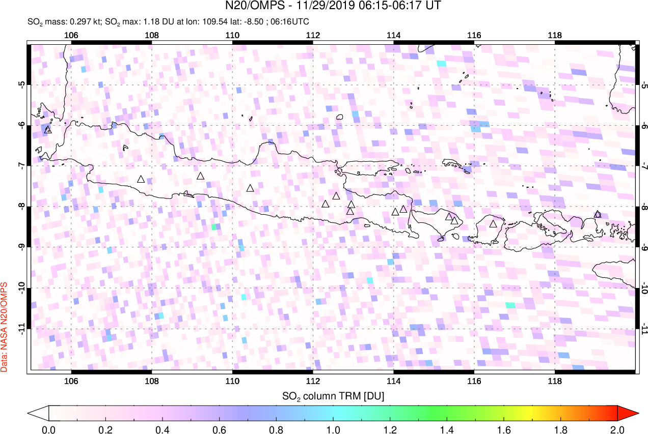 A sulfur dioxide image over Java, Indonesia on Nov 29, 2019.