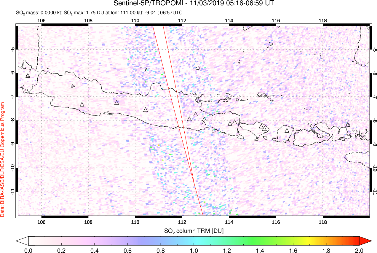 A sulfur dioxide image over Java, Indonesia on Nov 03, 2019.