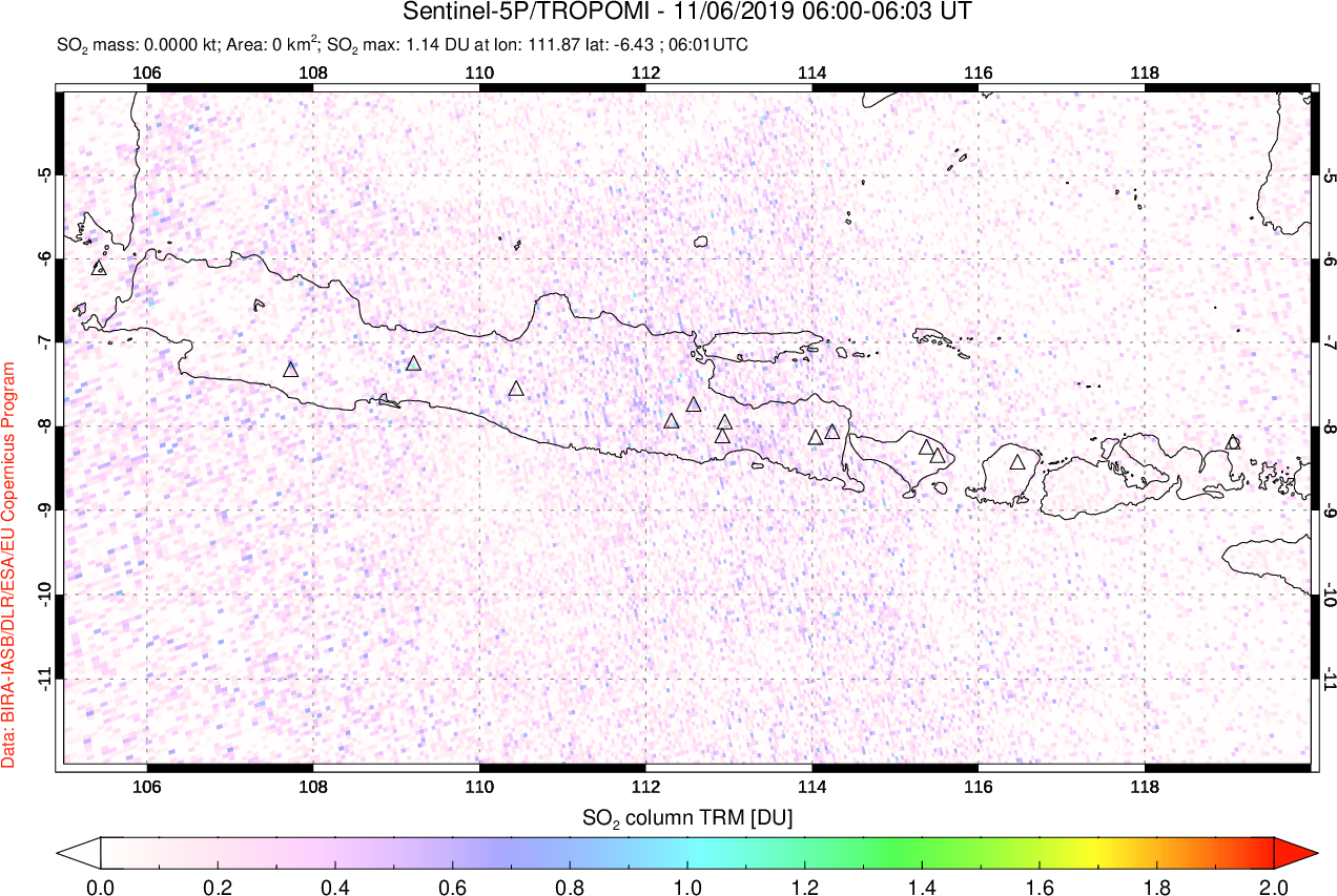 A sulfur dioxide image over Java, Indonesia on Nov 06, 2019.