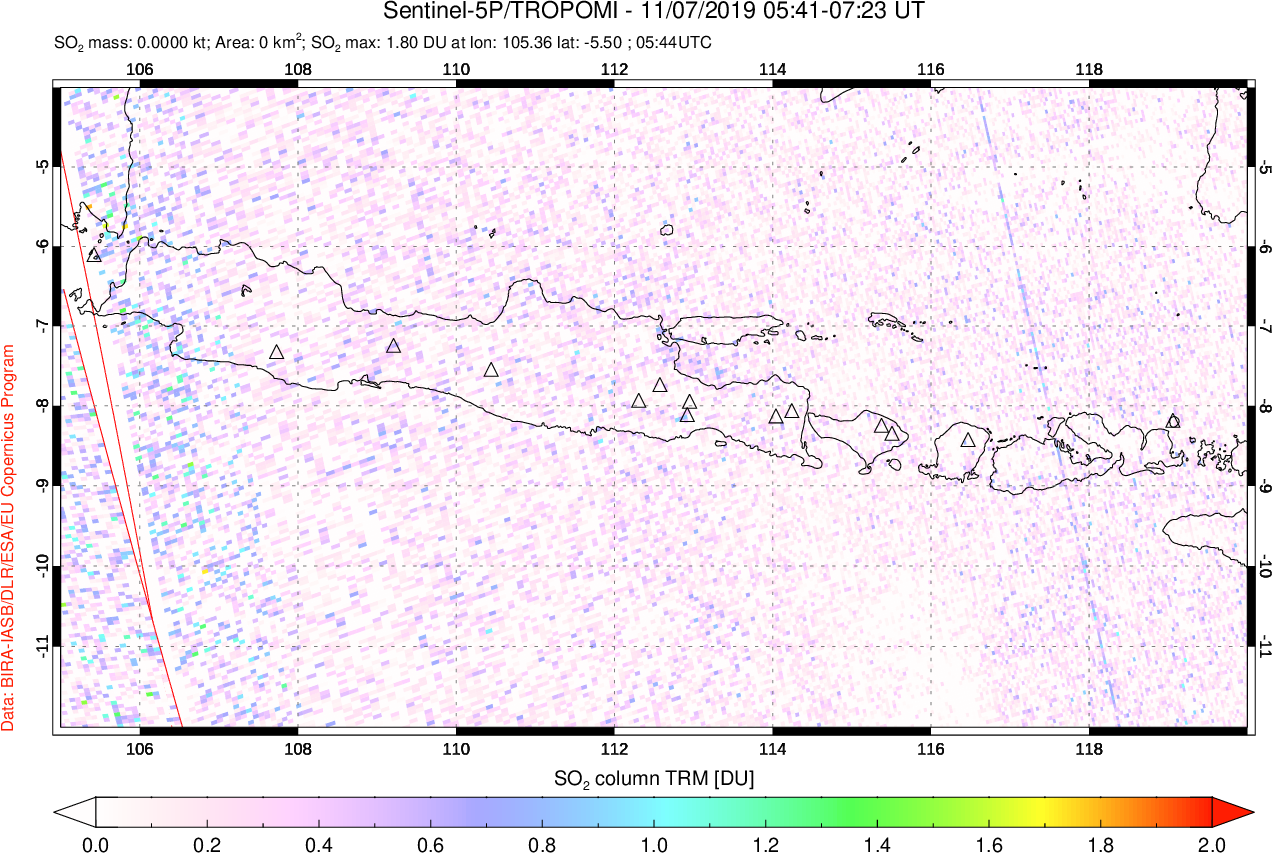 A sulfur dioxide image over Java, Indonesia on Nov 07, 2019.