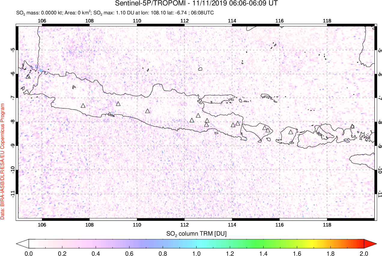 A sulfur dioxide image over Java, Indonesia on Nov 11, 2019.