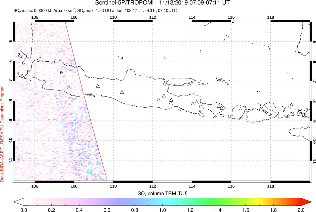 A sulfur dioxide image over Java, Indonesia on Nov 13, 2019.