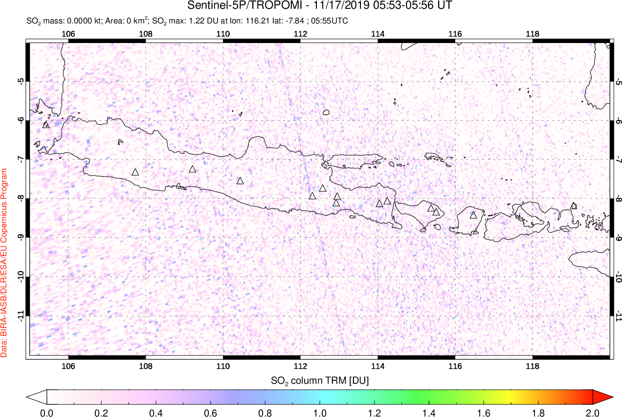 A sulfur dioxide image over Java, Indonesia on Nov 17, 2019.