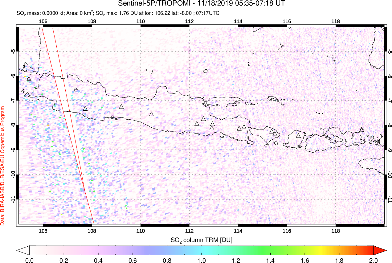 A sulfur dioxide image over Java, Indonesia on Nov 18, 2019.