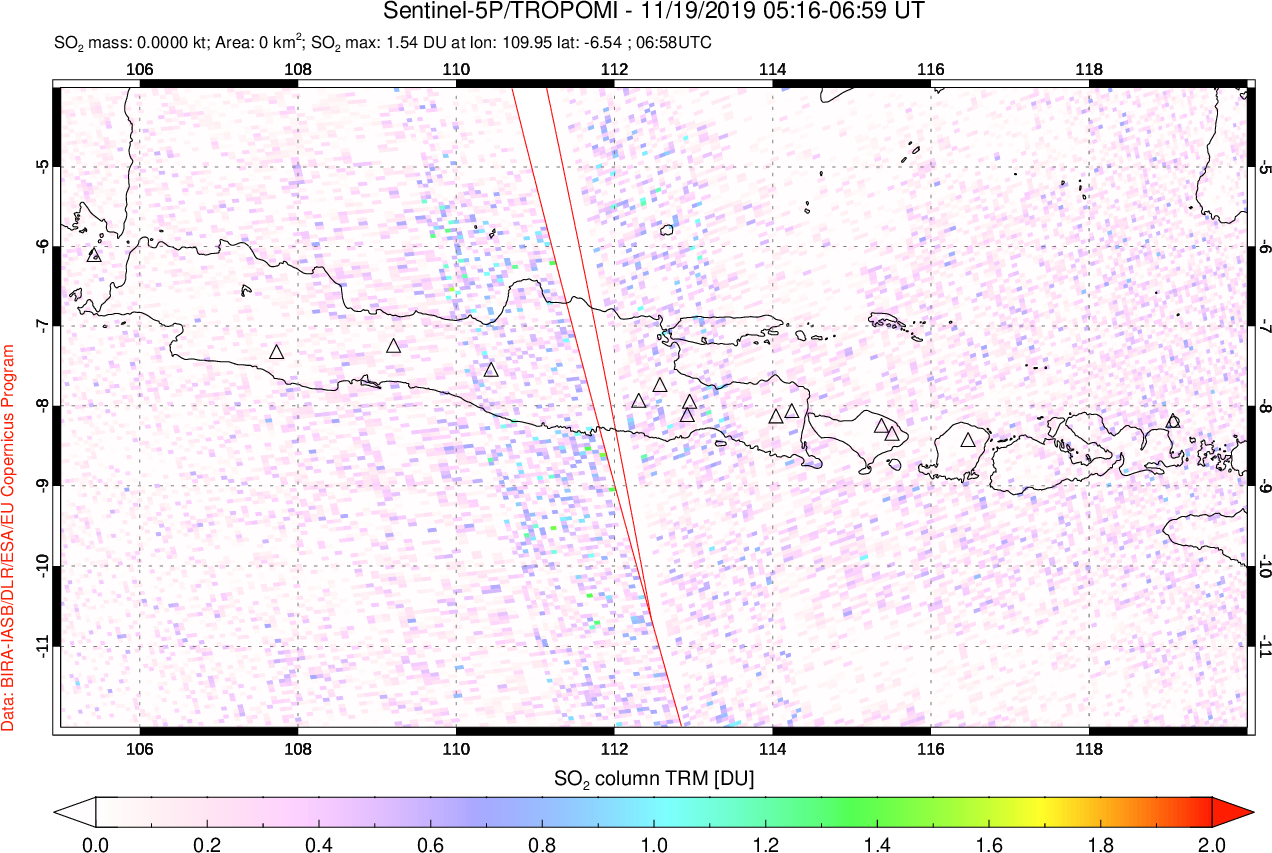 A sulfur dioxide image over Java, Indonesia on Nov 19, 2019.