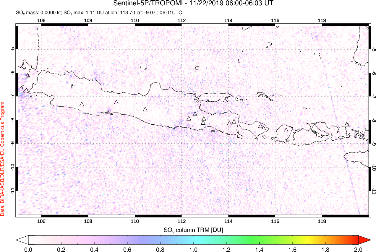 A sulfur dioxide image over Java, Indonesia on Nov 22, 2019.
