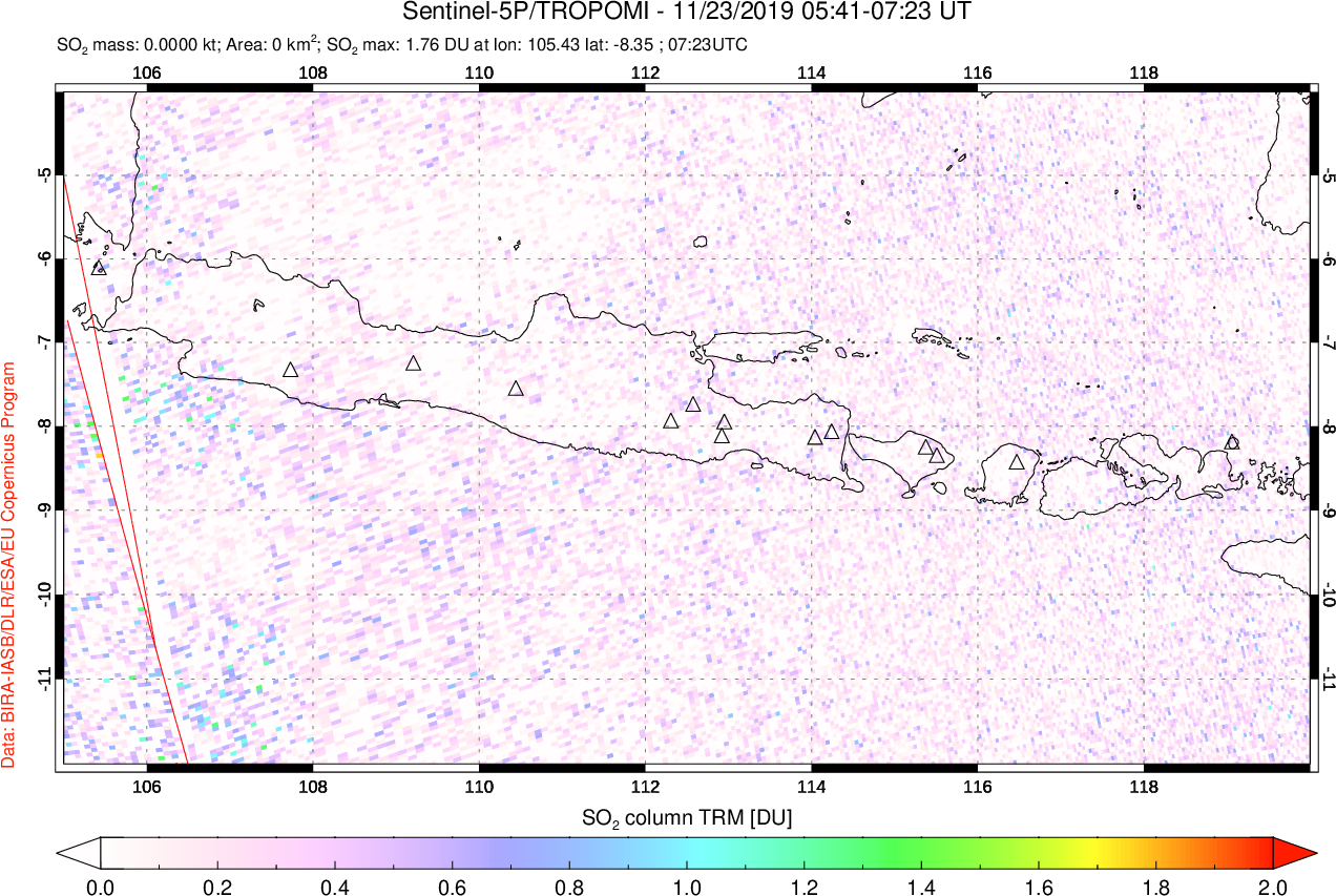 A sulfur dioxide image over Java, Indonesia on Nov 23, 2019.