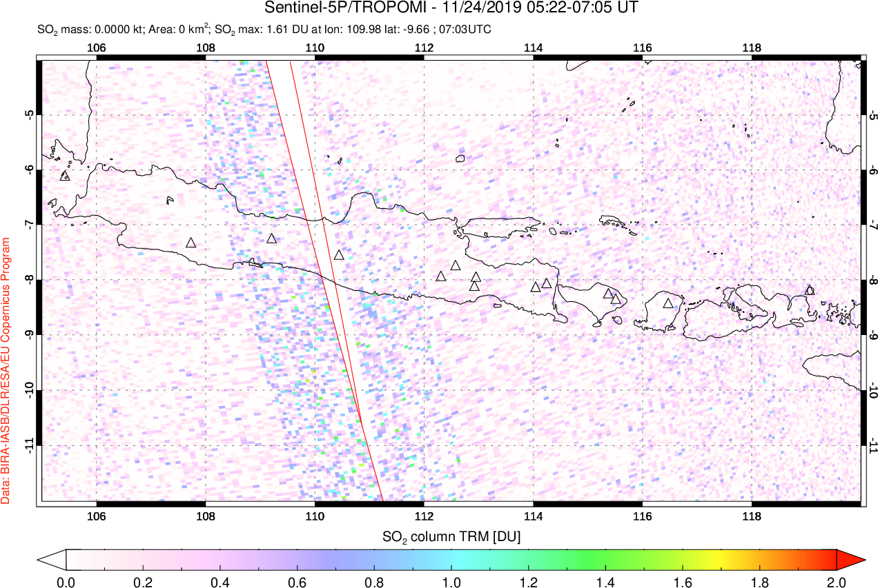 A sulfur dioxide image over Java, Indonesia on Nov 24, 2019.