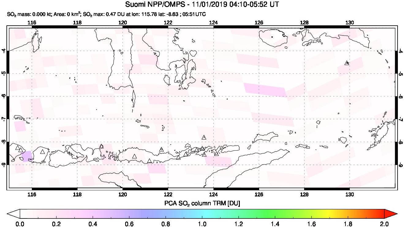 A sulfur dioxide image over Lesser Sunda Islands, Indonesia on Nov 01, 2019.