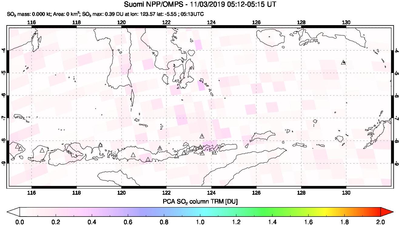 A sulfur dioxide image over Lesser Sunda Islands, Indonesia on Nov 03, 2019.