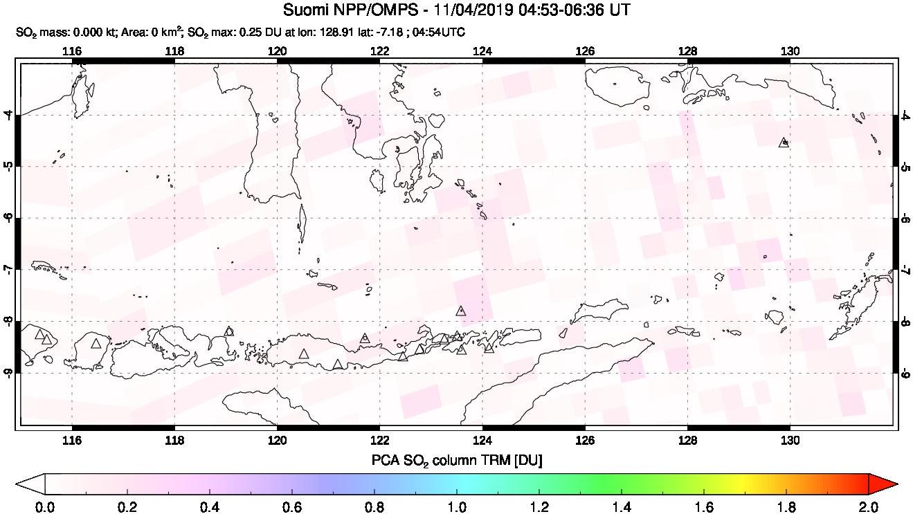 A sulfur dioxide image over Lesser Sunda Islands, Indonesia on Nov 04, 2019.