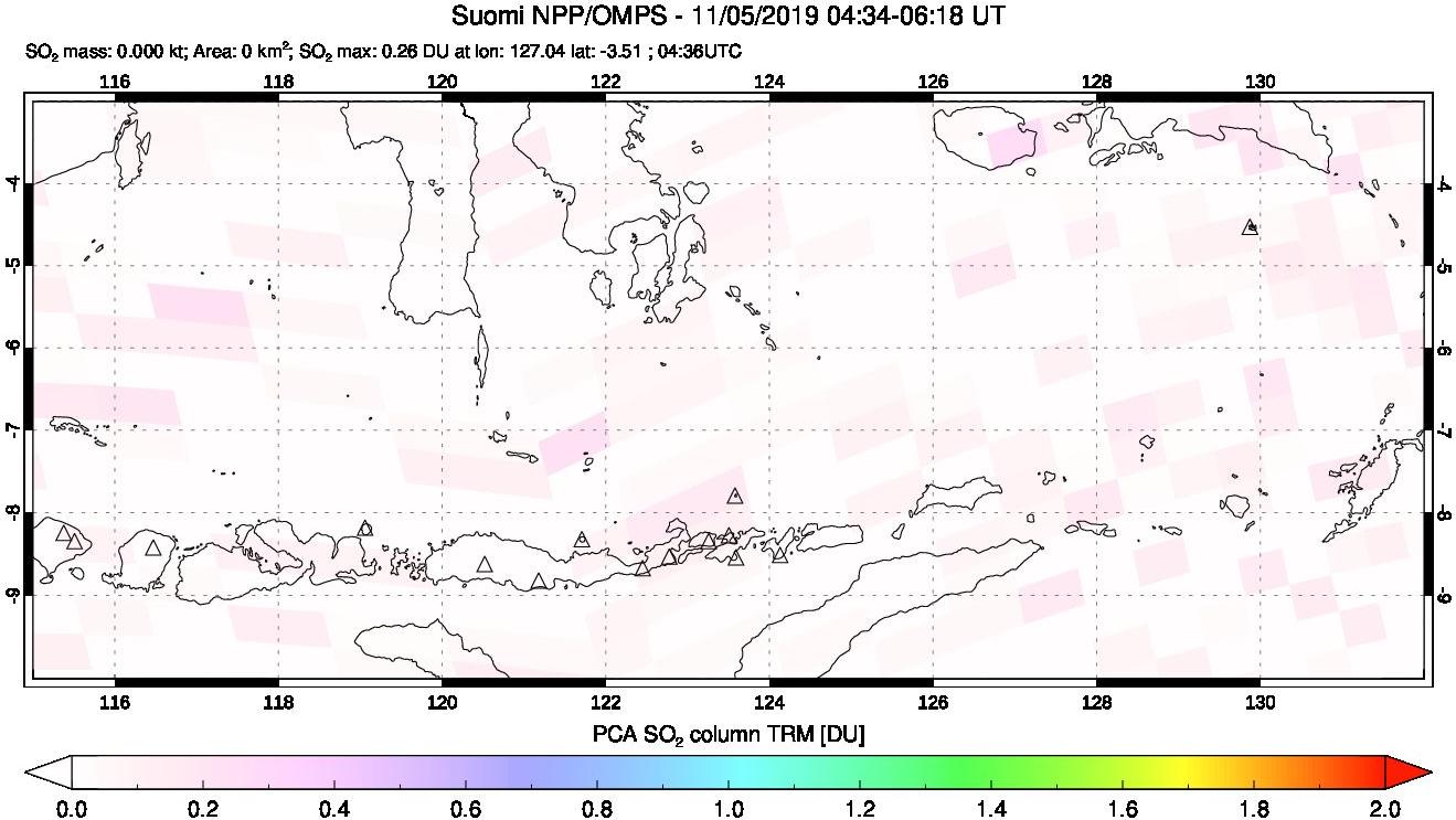 A sulfur dioxide image over Lesser Sunda Islands, Indonesia on Nov 05, 2019.