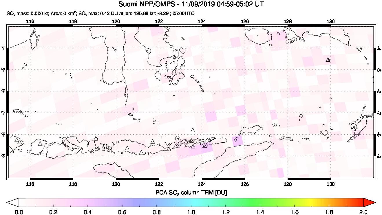 A sulfur dioxide image over Lesser Sunda Islands, Indonesia on Nov 09, 2019.