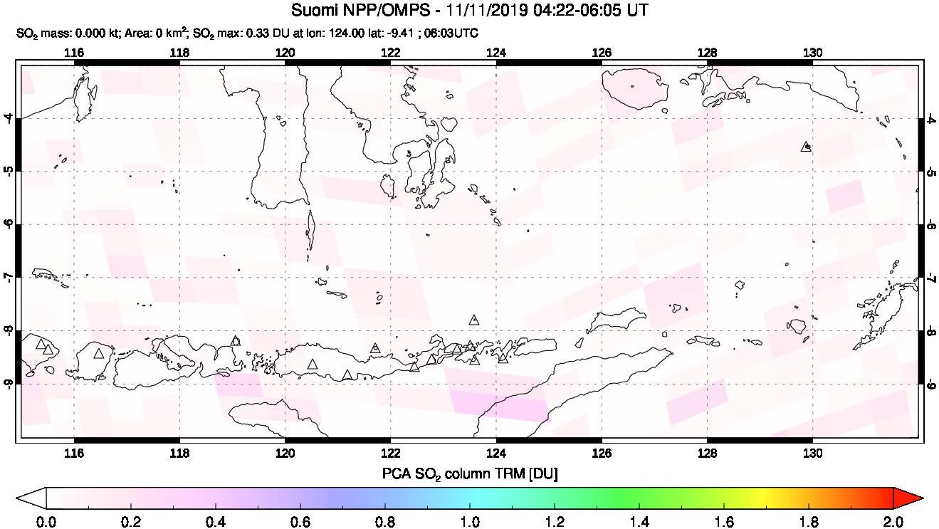 A sulfur dioxide image over Lesser Sunda Islands, Indonesia on Nov 11, 2019.