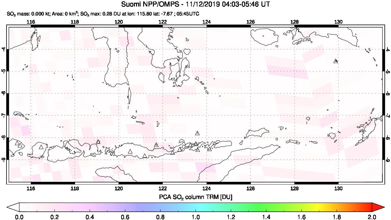 A sulfur dioxide image over Lesser Sunda Islands, Indonesia on Nov 12, 2019.