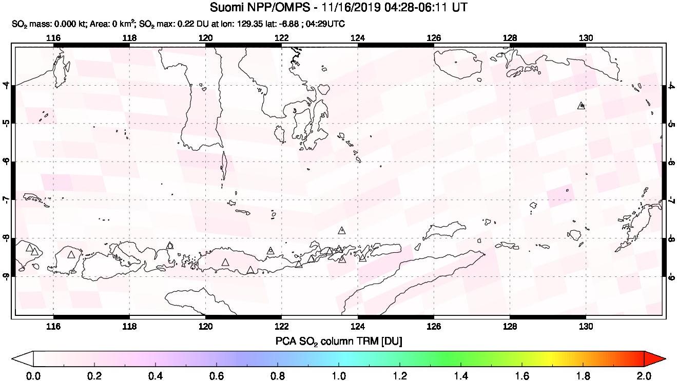 A sulfur dioxide image over Lesser Sunda Islands, Indonesia on Nov 16, 2019.