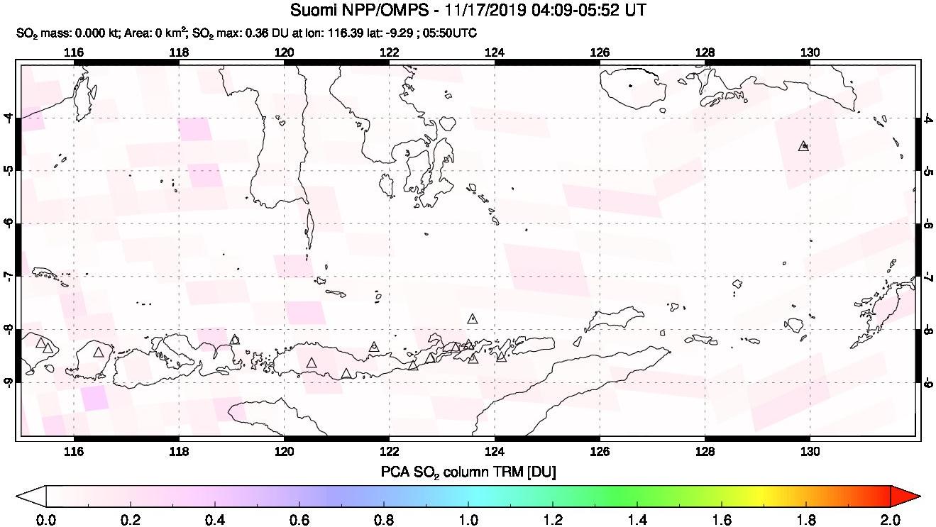 A sulfur dioxide image over Lesser Sunda Islands, Indonesia on Nov 17, 2019.