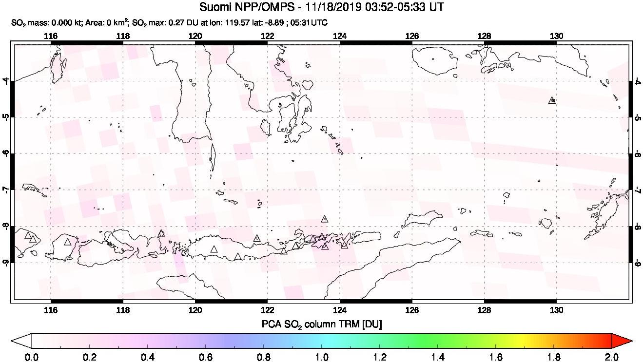 A sulfur dioxide image over Lesser Sunda Islands, Indonesia on Nov 18, 2019.