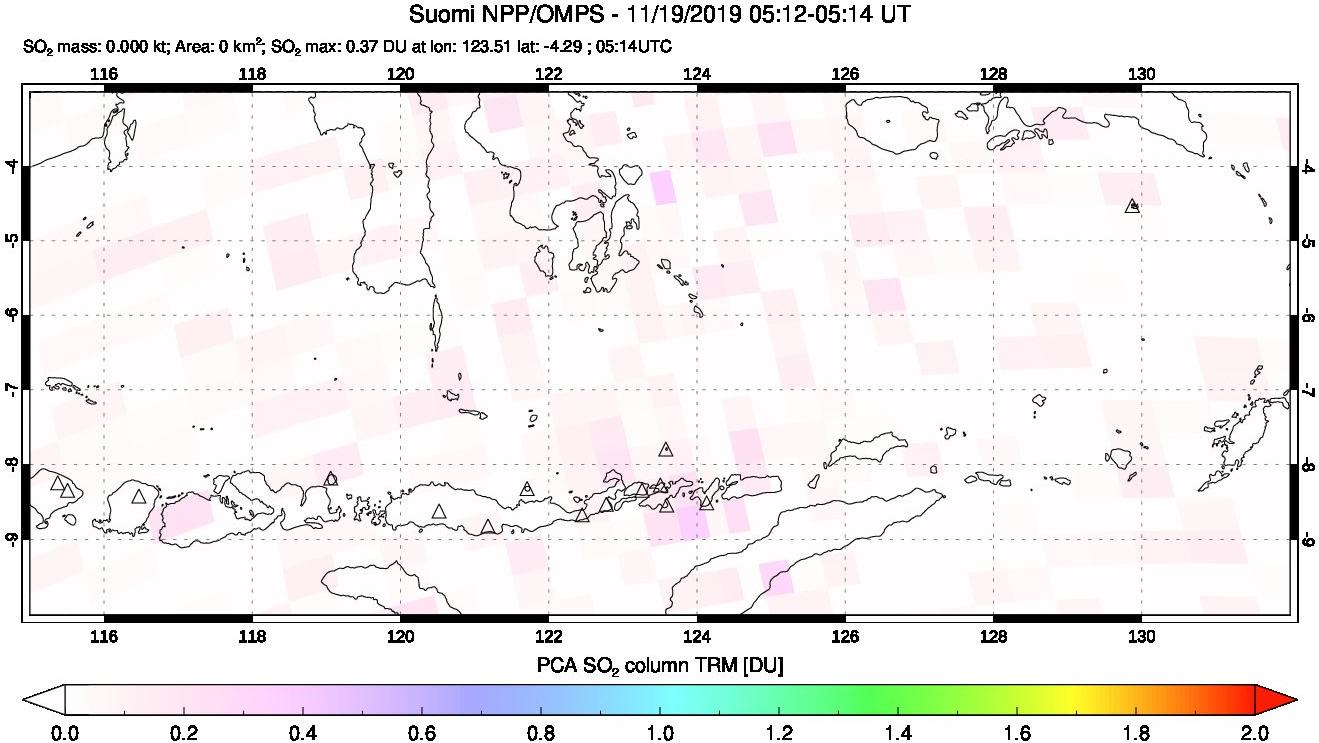 A sulfur dioxide image over Lesser Sunda Islands, Indonesia on Nov 19, 2019.
