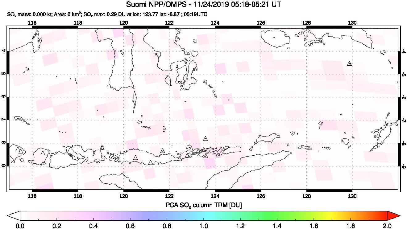 A sulfur dioxide image over Lesser Sunda Islands, Indonesia on Nov 24, 2019.