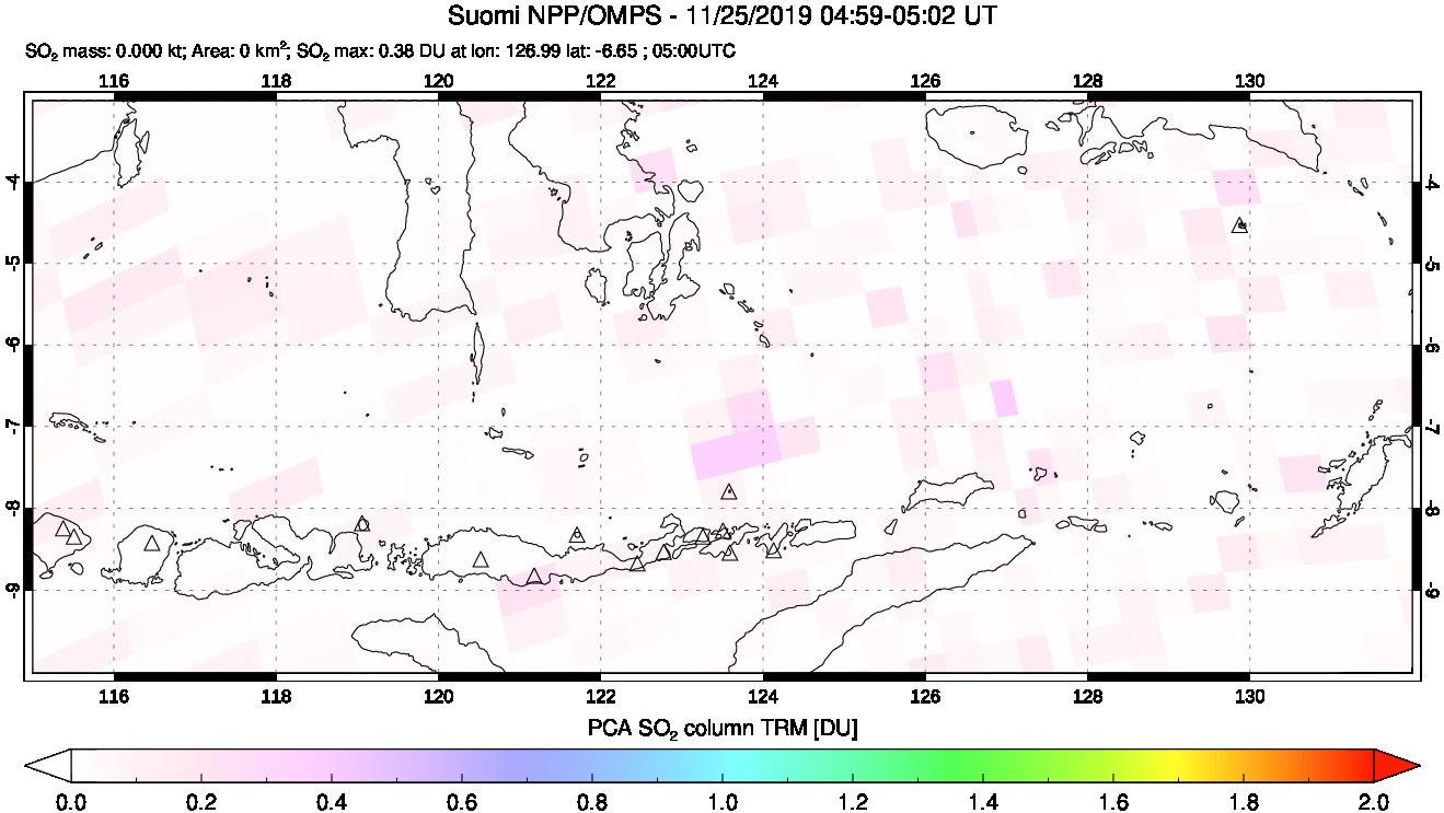 A sulfur dioxide image over Lesser Sunda Islands, Indonesia on Nov 25, 2019.