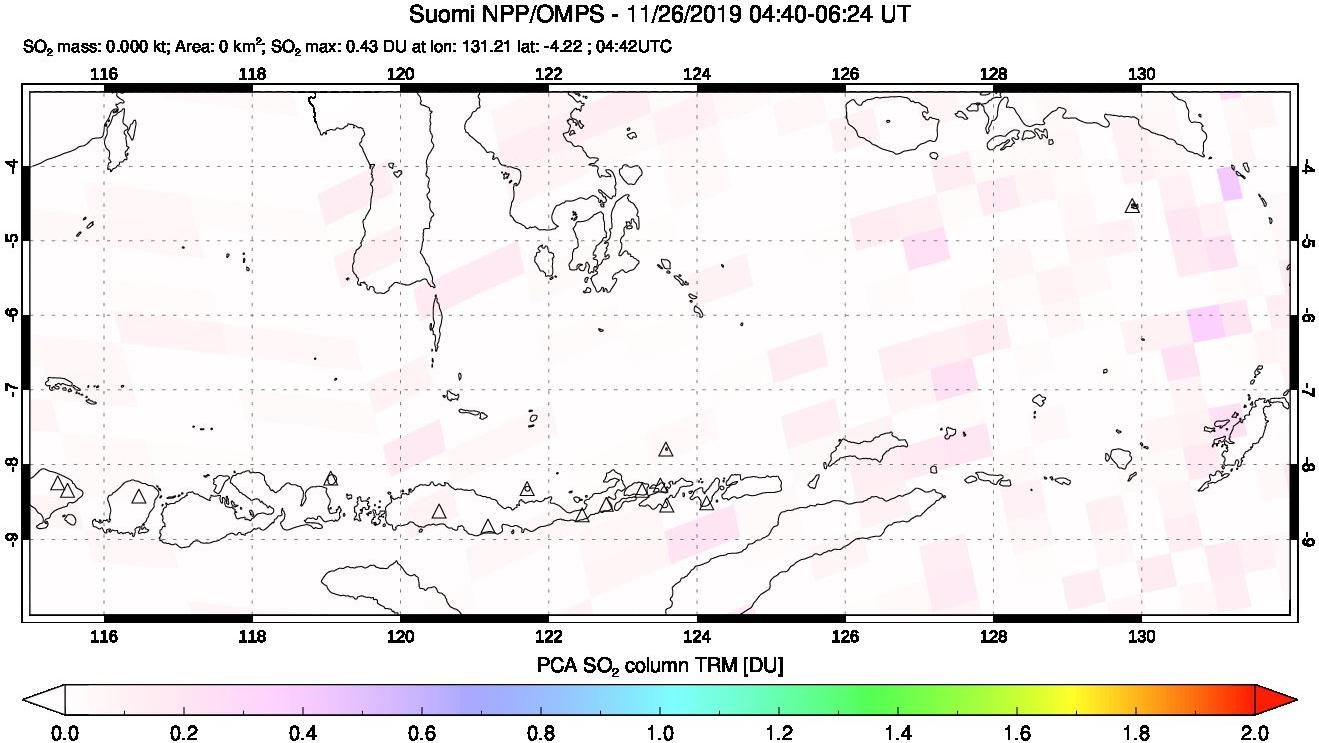 A sulfur dioxide image over Lesser Sunda Islands, Indonesia on Nov 26, 2019.
