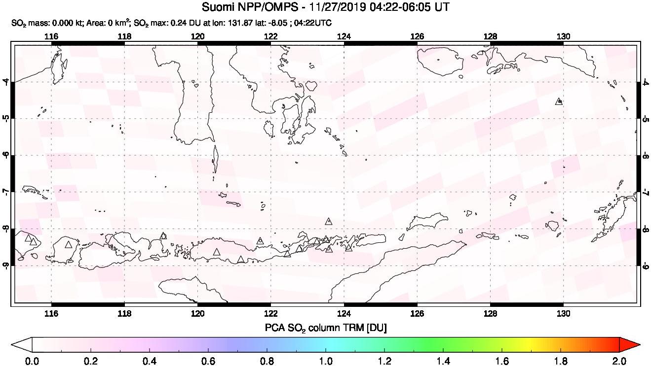 A sulfur dioxide image over Lesser Sunda Islands, Indonesia on Nov 27, 2019.