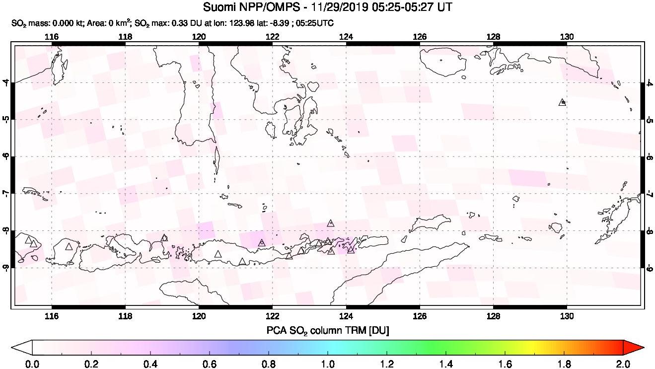 A sulfur dioxide image over Lesser Sunda Islands, Indonesia on Nov 29, 2019.