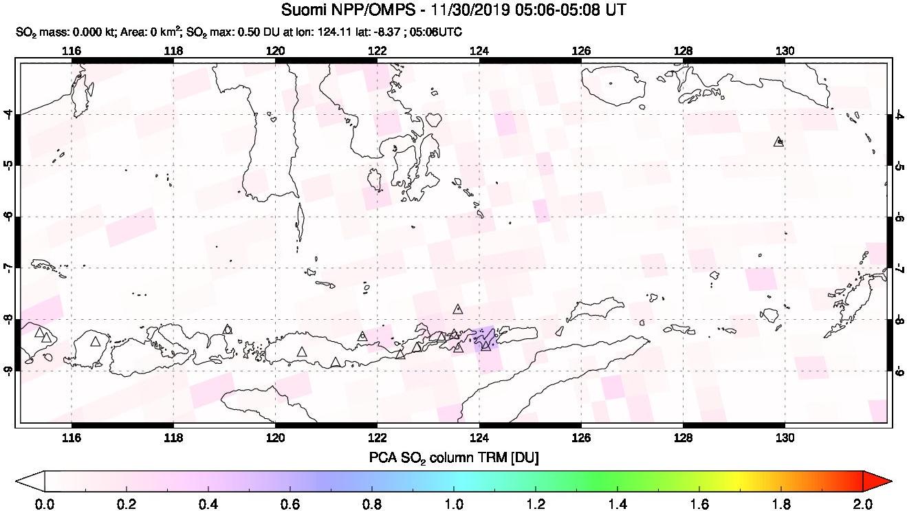 A sulfur dioxide image over Lesser Sunda Islands, Indonesia on Nov 30, 2019.