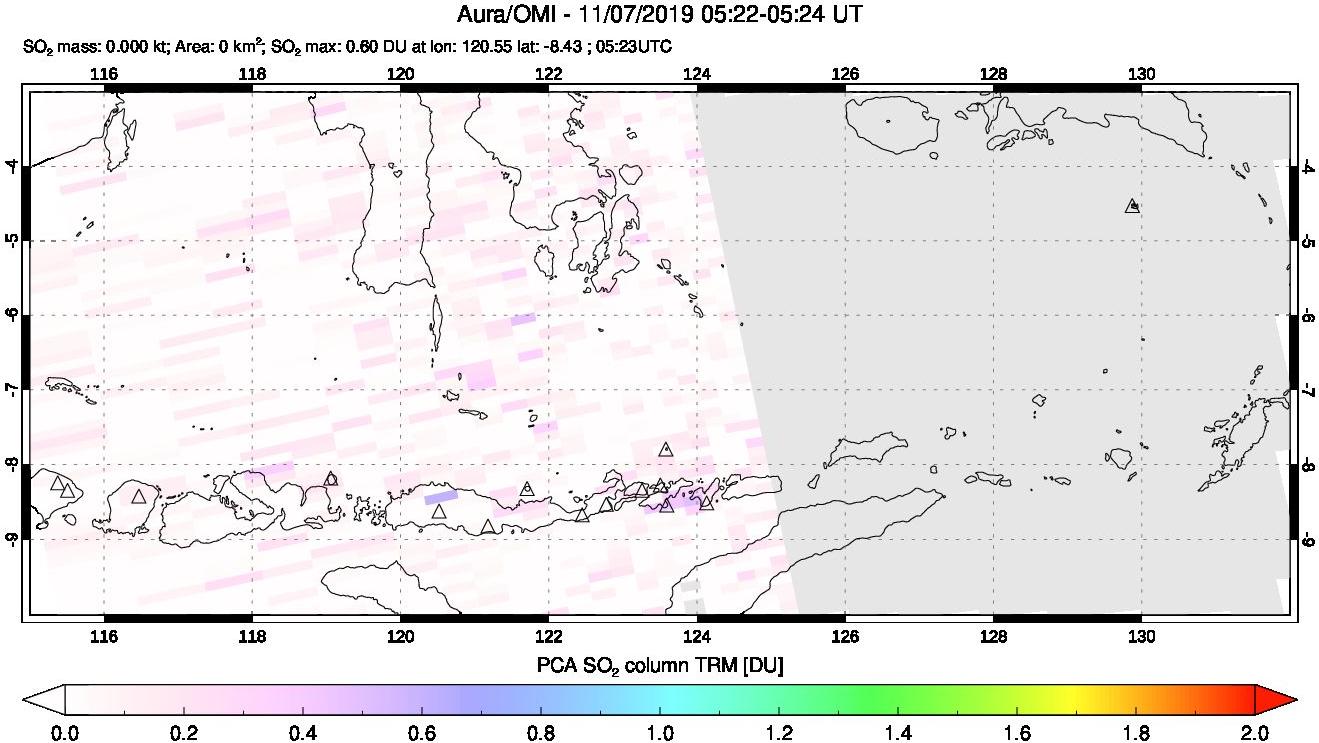 A sulfur dioxide image over Lesser Sunda Islands, Indonesia on Nov 07, 2019.