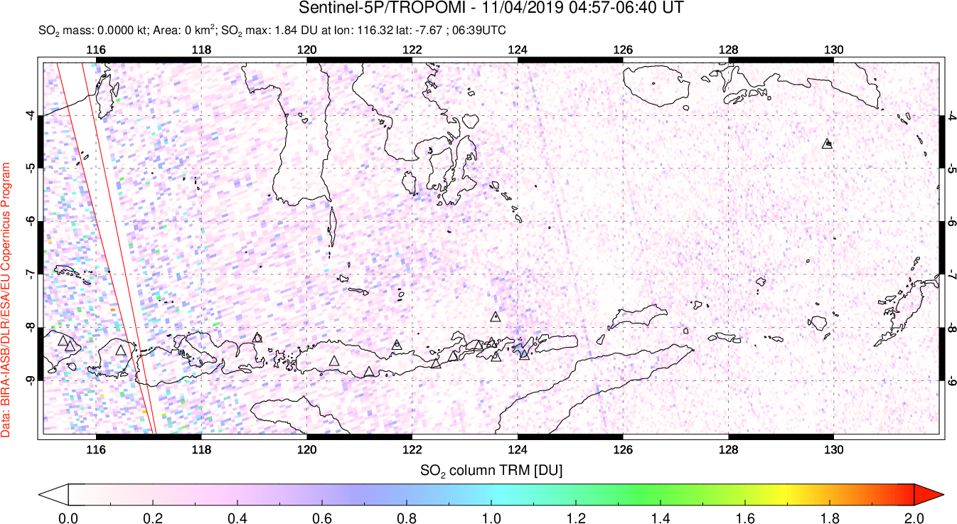 A sulfur dioxide image over Lesser Sunda Islands, Indonesia on Nov 04, 2019.