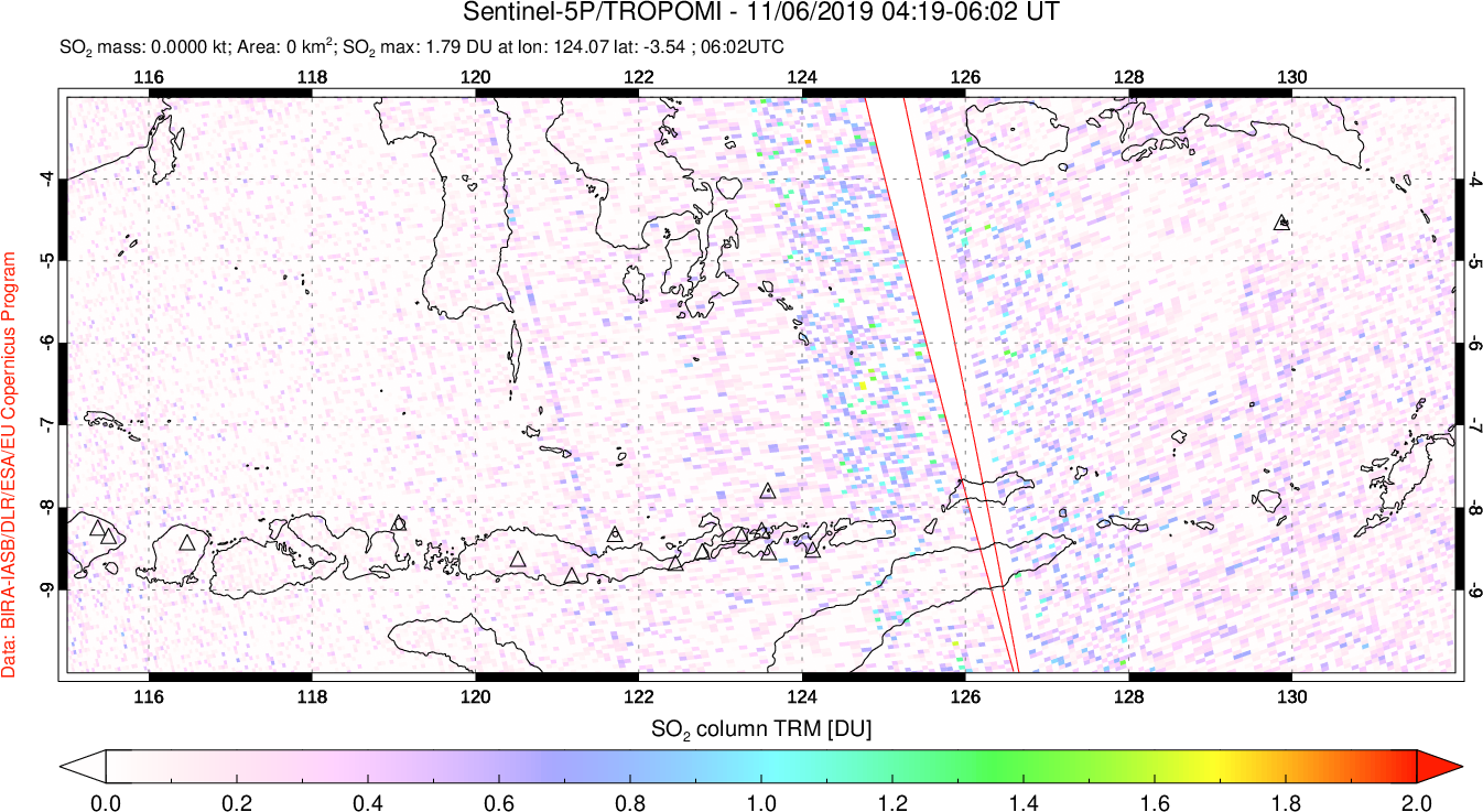 A sulfur dioxide image over Lesser Sunda Islands, Indonesia on Nov 06, 2019.